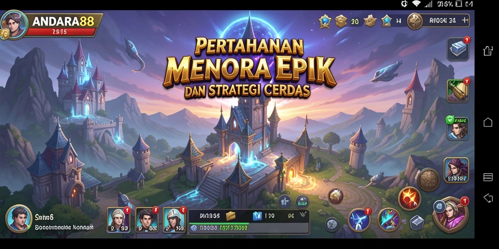Screenshot utama ANDARA88 menampilkan aksi pertahanan menara yang menegangkan.