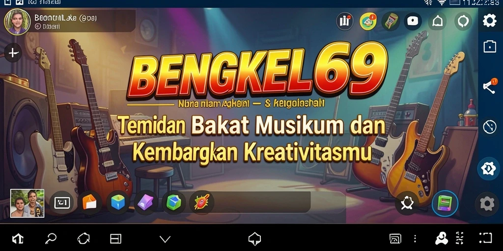 Tampilan layar permainan BENGKEL69 dengan alat musik virtual.