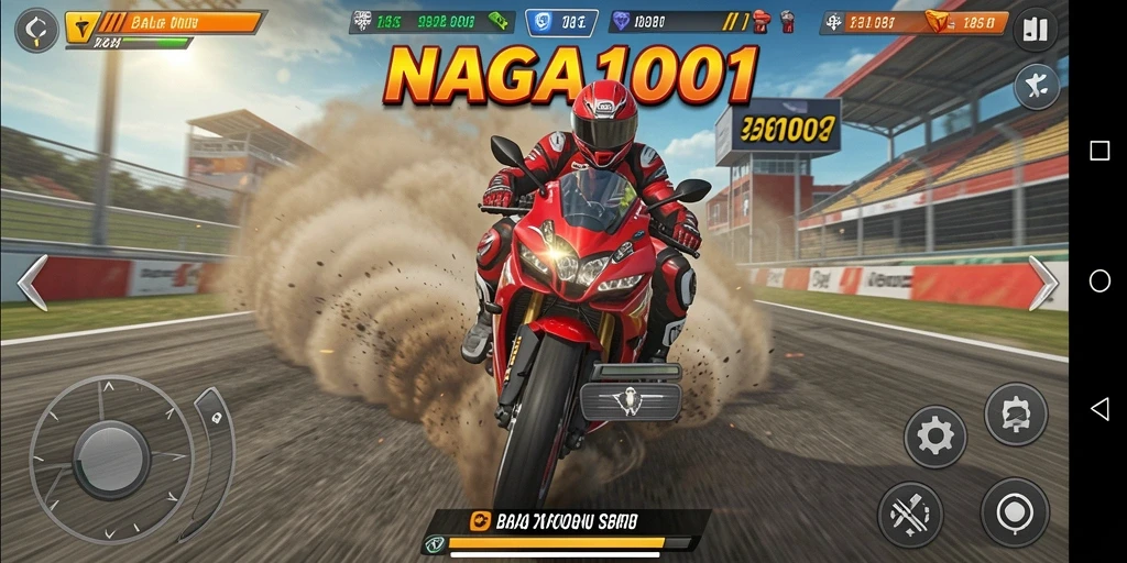 Tangkapan layar NAGA1001 menampilkan aksi balap motor yang intens.