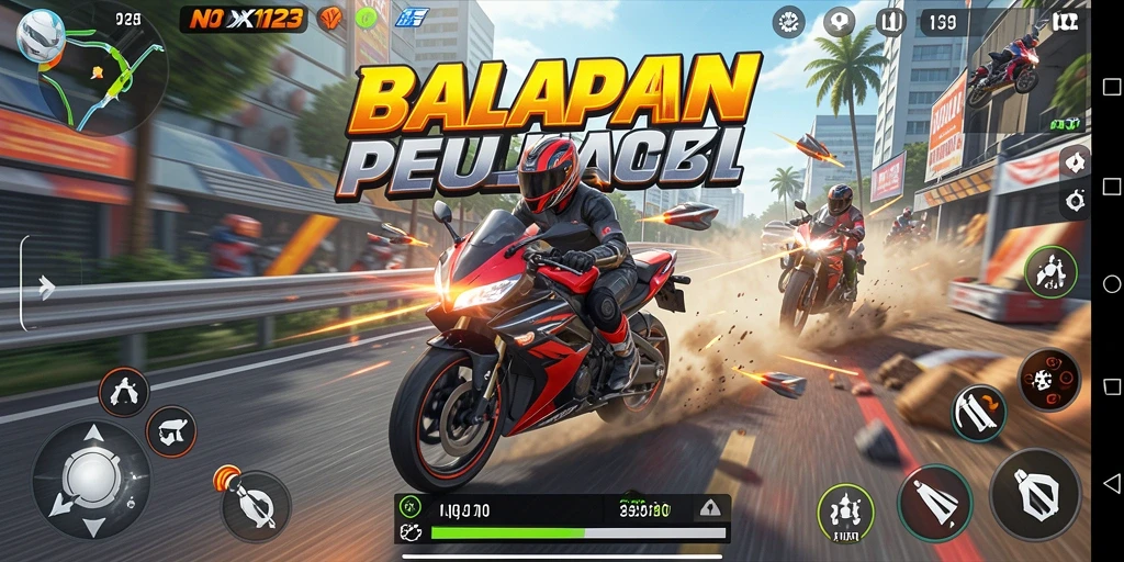 Tampilan gameplay NOX123 dengan aksi balapan motor yang menegangkan.