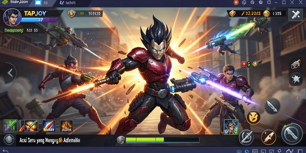 Screenshot menunjukkan karakter beraksi dalam pertempuran seru di TAPJOY.
