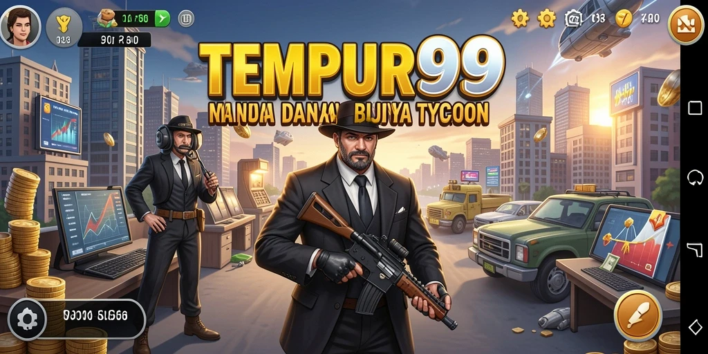 Screenshot utama dari TEMPUR99 menunjukkan aksi pengelolaan bisnis yang seru.