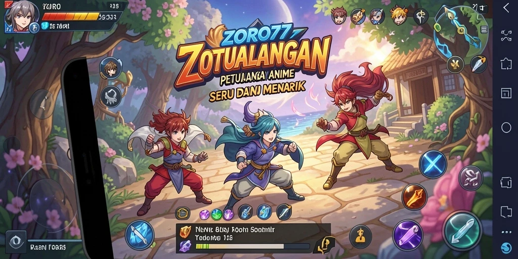 Menampilkan aksi seru dalam gameplay ZORO77 yang penuh warna.